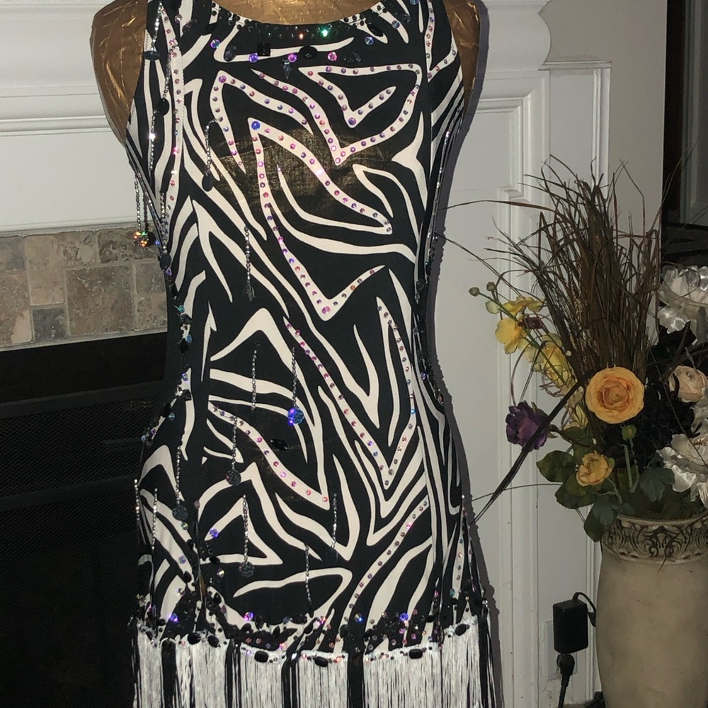 Ballroom Competition Black and White Sequin Fringe Dress